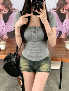 女款對比色短袖T恤，百搭通勤休閒上衣夏季款 - 深灰色 - 查看 2