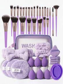 45Pcs/3pcs Purple Makeup Brush Set Makeup Brushes Cosmetic Sponges Triangle Powder Puffs Finger Puffs Round Powder Puffs Brush Cleaner Bowl Wrist Headband Cosmetic Storage Bag Complete Makeup Tool Kit For Beginners - Purple - View 10