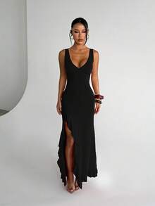 Women's Summer Black V-Neck Ruffle Hem Slit Elegant Dress, Suitable For Independence Day, Date, Party, Vacation, Beach - Black - View 1
