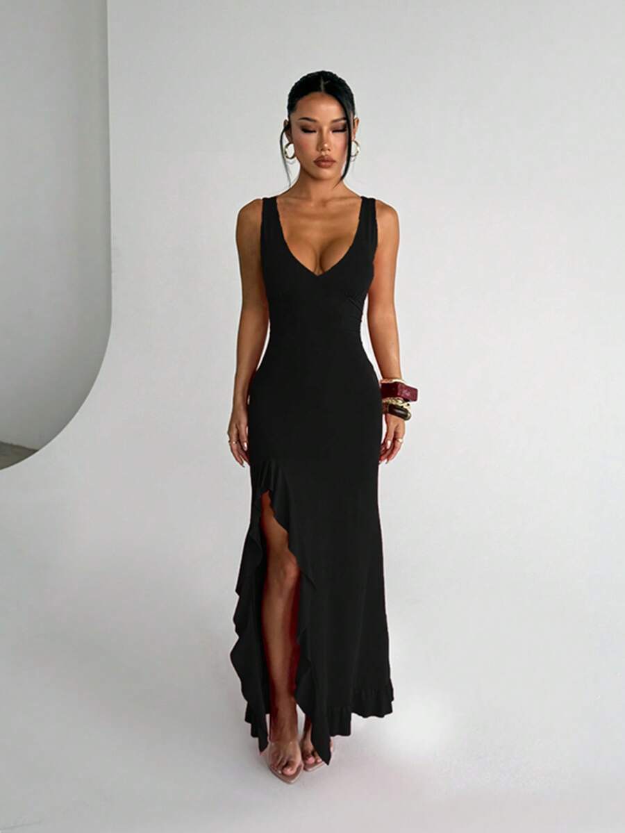 Women's Summer Black V-Neck Ruffle Hem Slit Elegant Dress, Suitable For Independence Day, Date, Party, Vacation, Beach - Black - View 1