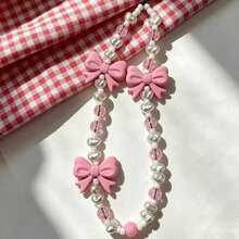 1pc Faux Pearl Pink Butterfly Cute Phone Lanyard Gifts For Mother, Family, Friends, Birthday, Holiday Phone Charm, Phone Chain - Multicolor - View 5