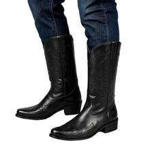 Unisex Mid‑Calf Western Cowboy Boots, Pointed Toe Block Heel, Black & Brown Best For Narrow Slim Feet - Black - View 2
