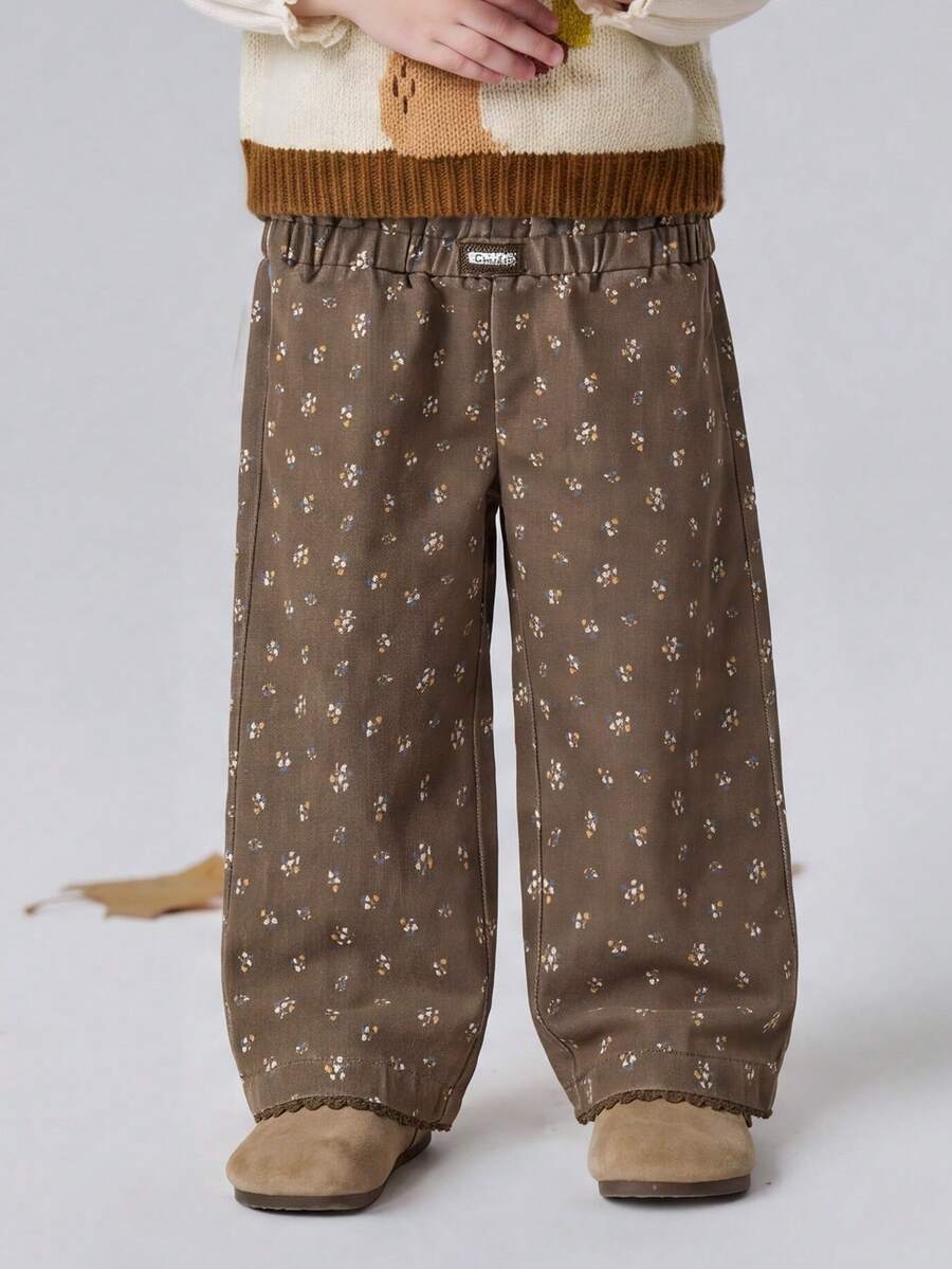 mini bala Cute New Autumn Young Girl Wide Leg Pants Soft Floral Print With Sweet Lace Trim Bottoms - Brown Tone - View 1