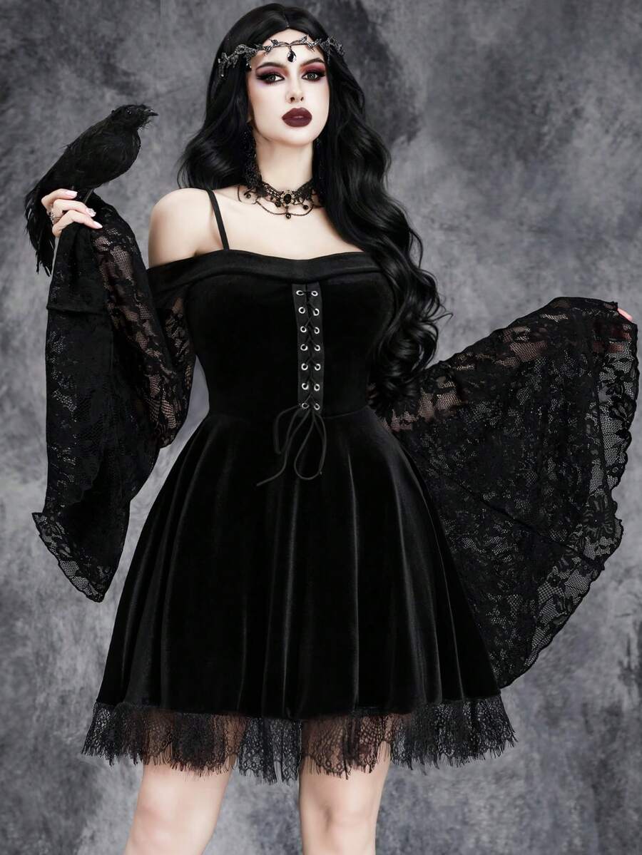 Women's Sexy Gothic Halloween Witch Cosplay Dress: Cold Shoulder, Lace Patchwork, Elastic Velvet Fabric With Metal Decor - Black - View 1