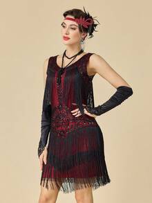 1920年代無袖 Flapper 舞女裙 大圓領《大亨小傳》風格 亮片流蘇 咆哮20年代 雞尾酒洋裝 - 紅色 - 查看 5