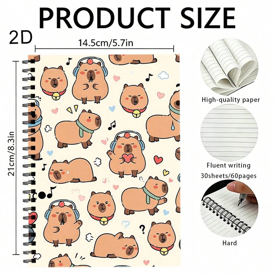 1PC Capybara Pattern A5 Spiral Bound Notebook, Suitable For School And Office Use, Can Be Used As Notepad, Sketchbook, Christmas Gift - A5 - View 1