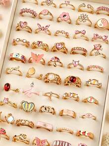 9/18Pcs/Lot Fashion Exquisite Sweet Heart-Shaped Pink Rhinestone Oil Drop Rings For Women Men Holiday Party Gifts Daily Wearing Jewelry Accessories - Pink Rhinestone Cat's Eye Gold Ring - View 4