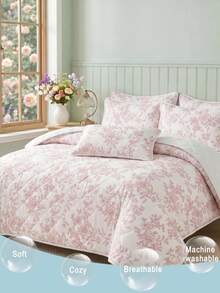 2/3pcs Pink Ruffle Edge Line Drawing Floral Branch Digital Print Bed Sheet Set (1pc Bed Sheet + 1/2pcs Pillowcases), Minimalist Design, Multi-Functional, Modern Minimalist Polyester Fabric, Soft And Comfortable - Multicolor - View 3