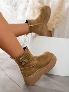 Women's Vintage Matte Suede Ankle Boots With Dual Metal Buckles, Round Toe, Side Zipper, Thick Sole, Height-Increasing, Autumn/Winter Daily Commute Ankle Boots - Khaki - View 3