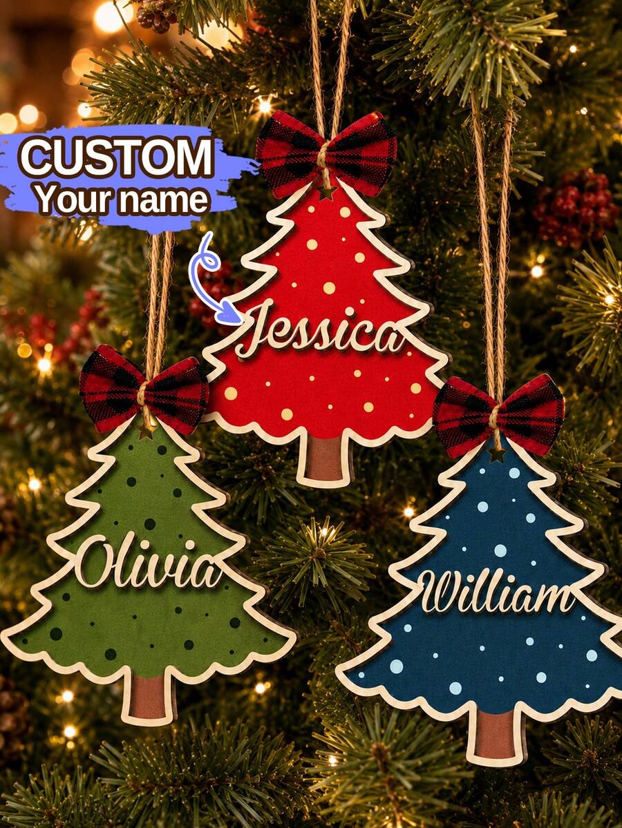 Custom Rustic Christmas Tree Name Ornament, Personalized Wooden Hanging Decor, Customized Xmas Tree Decoration For Home, Customizable Name Family Christmas Keepsake, Holiday Gift, Festive Room Decor, Christmas Decoration, Gifts For Family And Friends - Style C - View 1