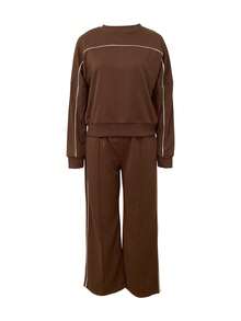 Autumn And Winter Commuting Elegant Women's Round Neck Sweatshirt Casual Daily Straight Tube Loose Pants Two Pieces Set - Dark Coffee - View 7