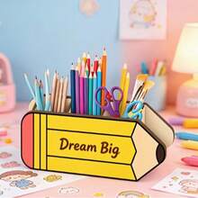 1pc Pencil-Shaped Desktop Organizer - "Dream Big" Inspirational Pencil Design Wooden Pen Holder | Multi-Compartment Desktop Stationery Storage Box | Suitable For Teachers And Students Offices | Unique Teacher Appreciation Gift, Lightweight And Durable Design, Storage For Writing Tools, Brushes And Stationery, Smooth Wood Grain Surface - View 1