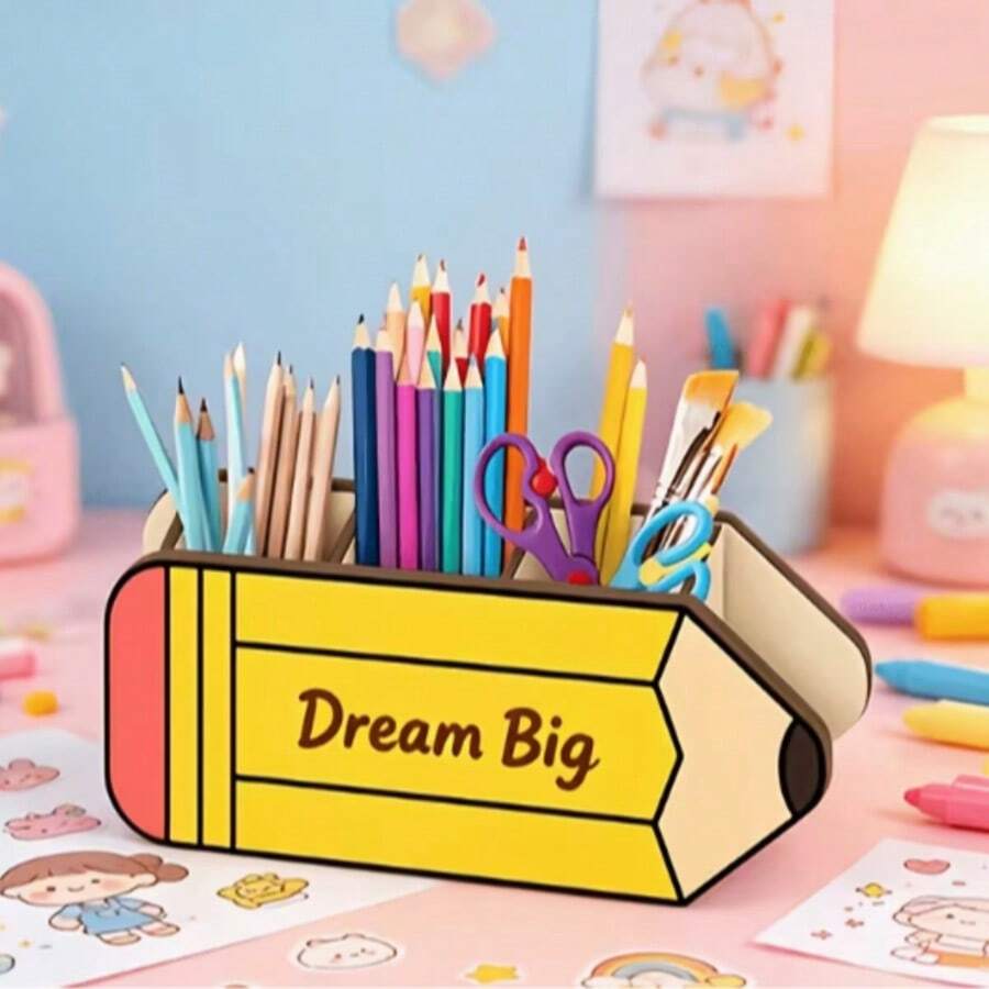 1pc Pencil-Shaped Desktop Organizer - "Dream Big" Inspirational Pencil Design Wooden Pen Holder | Multi-Compartment Desktop Stationery Storage Box | Suitable For Teachers And Students Offices | Unique Teacher Appreciation Gift, Lightweight And Durable Design, Storage For Writing Tools, Brushes And Stationery, Smooth Wood Grain Surface - View 1