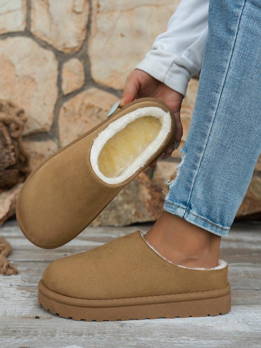 Women's Autumn/Winter Outdoor Versatile Thermal Lined Solid Color Neutral Fine Fur Thick Sole Slippers Home Slippers - Khaki - View 1