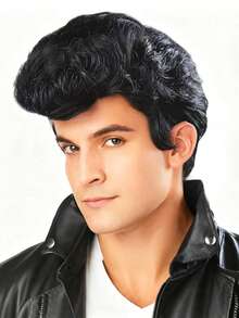 8 Inch Black Voluminous Big Pompadour Wig, Retro High Top Design, Rock Star Style Men's Wig, Suitable For Halloween, Cosplay And Rock Party - Black - View 2