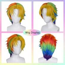 AShort Rainbow Colorful Wigs For Men Women Short Rainbow Cosplay Wig Hairnet+Colorful Wolftail Wigs With Bangs Adult Pride Day Outfit Lgbt Costume Layered Fluffy Wig For Halloween Cosplay Party - Rainbow - View 3