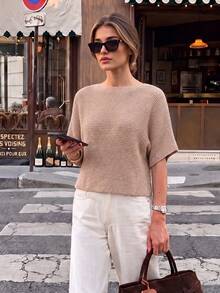 Pullover Rajut Senya Warna Polos Lengan Kelelawar dengan Belahan Samping, Pakaian Kasual Wanita untuk Liburan, Perjalanan, Musim Semi/Panas yang Elegan - Sampanye - View 1