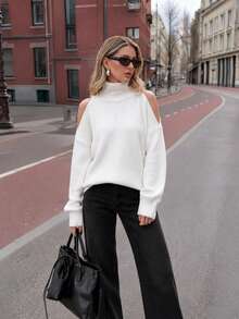 FOR BEAUTY Fall Winter Y2K Elegant Casual White Cold Shoulder Knit Sweater Tops Women Going Out Party Vacation Concert Outfits - White - View 3