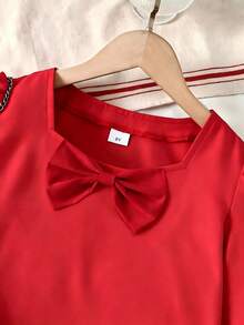 Christmas Girls Dress Mid-Big Tween Girl 8-12 Years Old Festive Red Princess Dress Square Neck 3D Bow Flare Long Sleeve Ruffle Hem A-Line Skirt For Outing, Party, Performance - Red - View 5