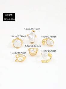 Bộ 6 nhẫn ngón tay ngọc trai giả phong cách Baroque cổ điển bất đối xứng, nhẫn ngọc trai kim loại vân xoắn màu vàng đeo chồng cho nữ - Vàng - Xem 7