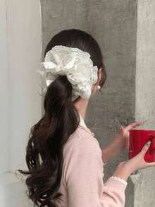 Glossy Ivory Satin Hair Accessory With Small Black Water Drop Pattern, Multi-Layered Hollow Floral Embroidered Mesh Lace Outer Layer, Oversized Soft Ruffle Decor, High Elastic Hairband, Suitable For Half-Up Hairstyle, Perfect For Date Outfits Or Matching Soft Pastel Casual Wear - Regular Model - View 1