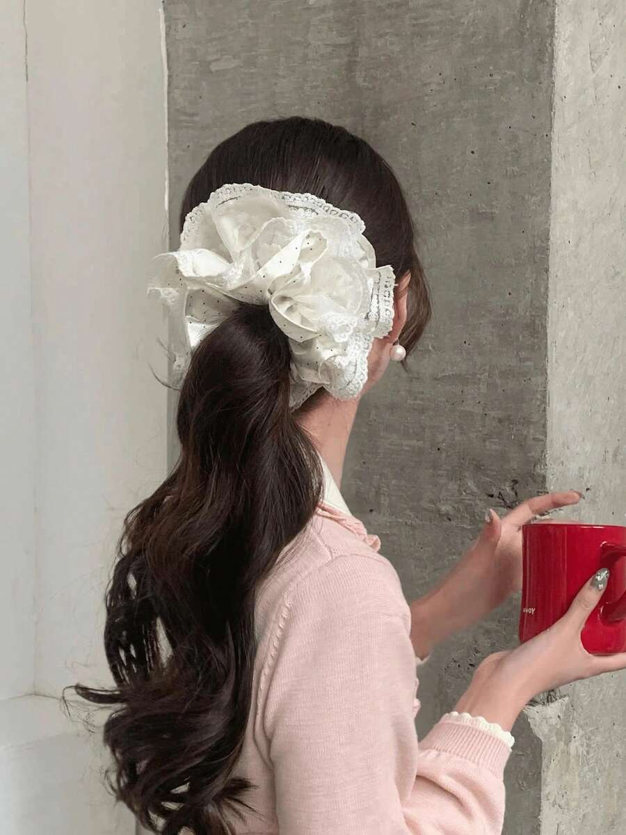 Glossy Ivory Satin Hair Accessory With Small Black Water Drop Pattern, Multi-Layered Hollow Floral Embroidered Mesh Lace Outer Layer, Oversized Soft Ruffle Decor, High Elastic Hairband, Suitable For Half-Up Hairstyle, Perfect For Date Outfits Or Matching Soft Pastel Casual Wear - Regular Model - View 1
