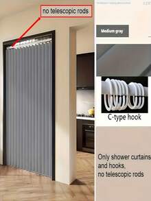 1pc Modern Folding Curtain - Wet/Dry Separation, Blackout, Windproof, Thermal Insulation, Waterproof, No-Drill Partition Curtain, Invisible Curtain, Air Conditioner Barrier Partition Curtain, Suitable For Kitchen, Living Room, Bedroom, Bathroom, Dormitory, Open Closet - Easy Installation, Machine Washable, With Hooks And Tie-Back Function, Rod Not Included. - Partition a - View 15