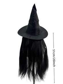 Black Long Straight Synthetic Wig With Attached Witch Hat, Classic Wizard Hairstyle For Halloween Cosplay Party Fancy Dress - Black - View 7