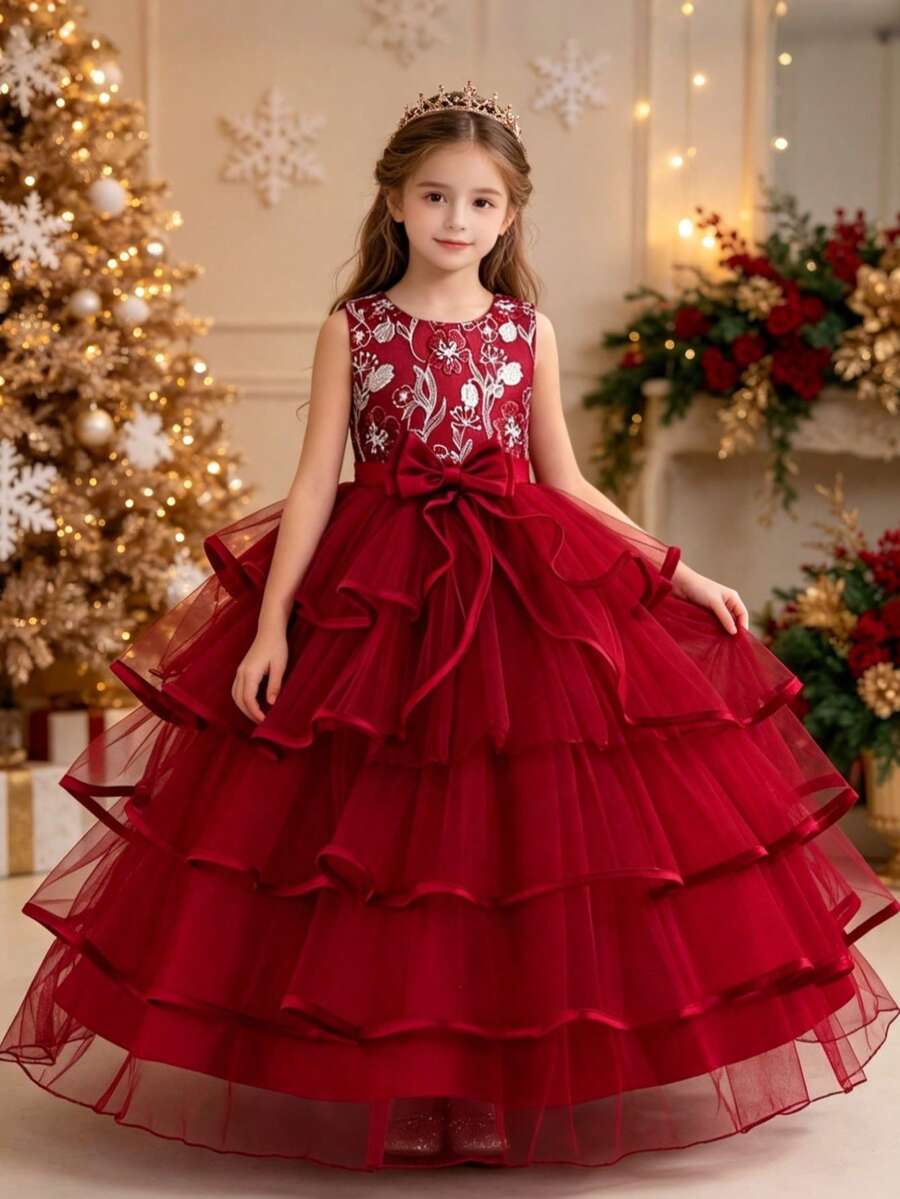 Girls' Embroidered Long Puff Princess Dress, Girls' Dress For Wedding, Birthday, Evening Party, Holiday Gathering, Piano Performance, Formal Occasion - Red - View 1