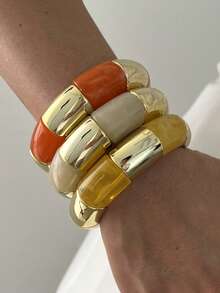 3pcs/1pc Vintage Elegant Casual Bohemian Style Women's CCB Plain Round Bangle And Multicolor Acrylic Elastic Bracelet For Daily Wear, Party, Spring/Summer Beach Vacation And Travel - Colorful - View 3