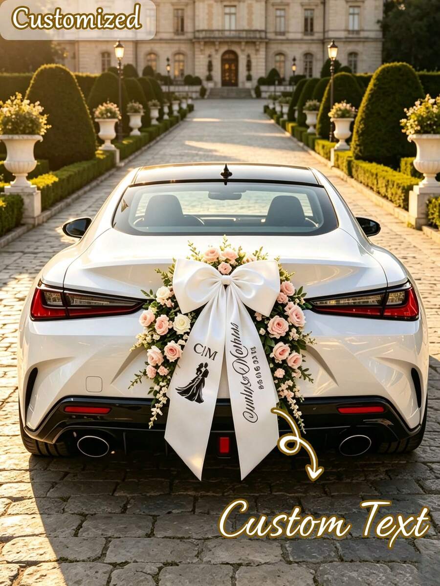 Wedding Car Decoration Bow ,Custom Name Satin Ribbon Bow, Romantic Bridal Car Ornament For Wedding Ceremony Party Supplies