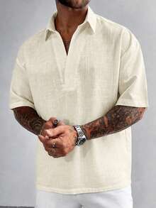 GloMan Men's White Linen Blend Half Placket Henley Collar Short Sleeve Shirt, Breathable For Summer, Suitable For Beach, Vacation, Daily Wear, Halloween, Christmas, Gift For Husband/Father - Apricot - View 4