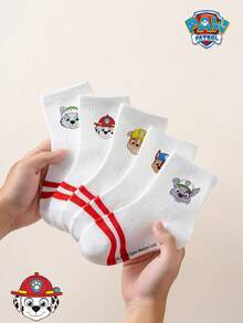 1/5/10 Pairs Paw Patrol Double Stripe Kids Socks, Simple Puppy Design, Winter Mid-Calf Socks, Fun Christmas Children's Socks - Multicolor - View 5