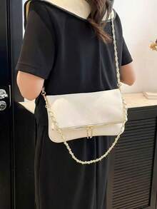 Winter New Classic PU Waterproof Leather Grain Long Shoulder Bag Crossbody Bag, Asymmetrical Flap Design Wallet, Suitable For Women Daily Shopping - White - View 4