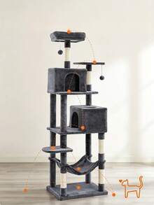 Multi‑Level Cat Tree, With Two Cat Houses, A Hammock And A Hanging Basket. Multiple Sisal Scratching Posts For Claw Sharpening, A Top Viewing Platform, And An Interactive Pom‑Pom Cat Toy. Suitable For Multiple Cats. - Random Color - View 5