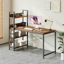 Schreibtisch mit 4-Tier Seitlichem Regal, 120 cm Breiter Computertisch mit Ablage, Stabil Bürotisch mit Metallgestell, Einfache Montage für Home Office - Rostbraun/120 x 56 x 120 cm - Übersicht 2