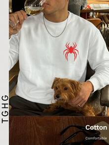 Men's Autumn Crew Neck Lightweight T-Shirt T-Shirt, Red Spider Pattern, Long Sleeve, Y2K Style - White - View 2