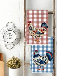 2pcs Plaid Folk Style Rooster Kitchen Towel Set, Vintage Floral Pattern Hen Farm Style Absorbent Dish Cloth Hand Towel Tea Towel, Soft Absorbent Microfiber Hand Towel, Suitable For Kitchen Decor, Dining Table Decor, Bathroom Decor Towel Set, Warm Gift For Friends And Family - Multicolor - View 5