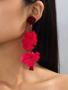 1 Pair Vintage Luxury Red Summer Bohemian Style Pleated Rose Pendant Earrings For Women - Red - View 1
