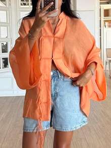 New Fashion Elegant Solid Color Women's Vintage Shirt, Home Wear, All Season Top - Orange - View 2