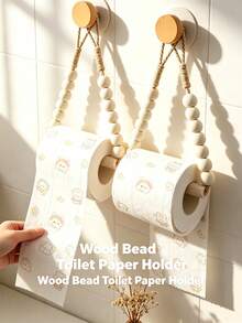 2pcs/1est Boho Wooden Bead Paper Towel Holder, Wall‑Mount No‑Drill Tissue Roll Rack, Farmhouse Hanging Towel Organizer, Halloween Christmas Back‑To‑School Essential For Bathroom Kitchen Decor - Multicolor - View 2