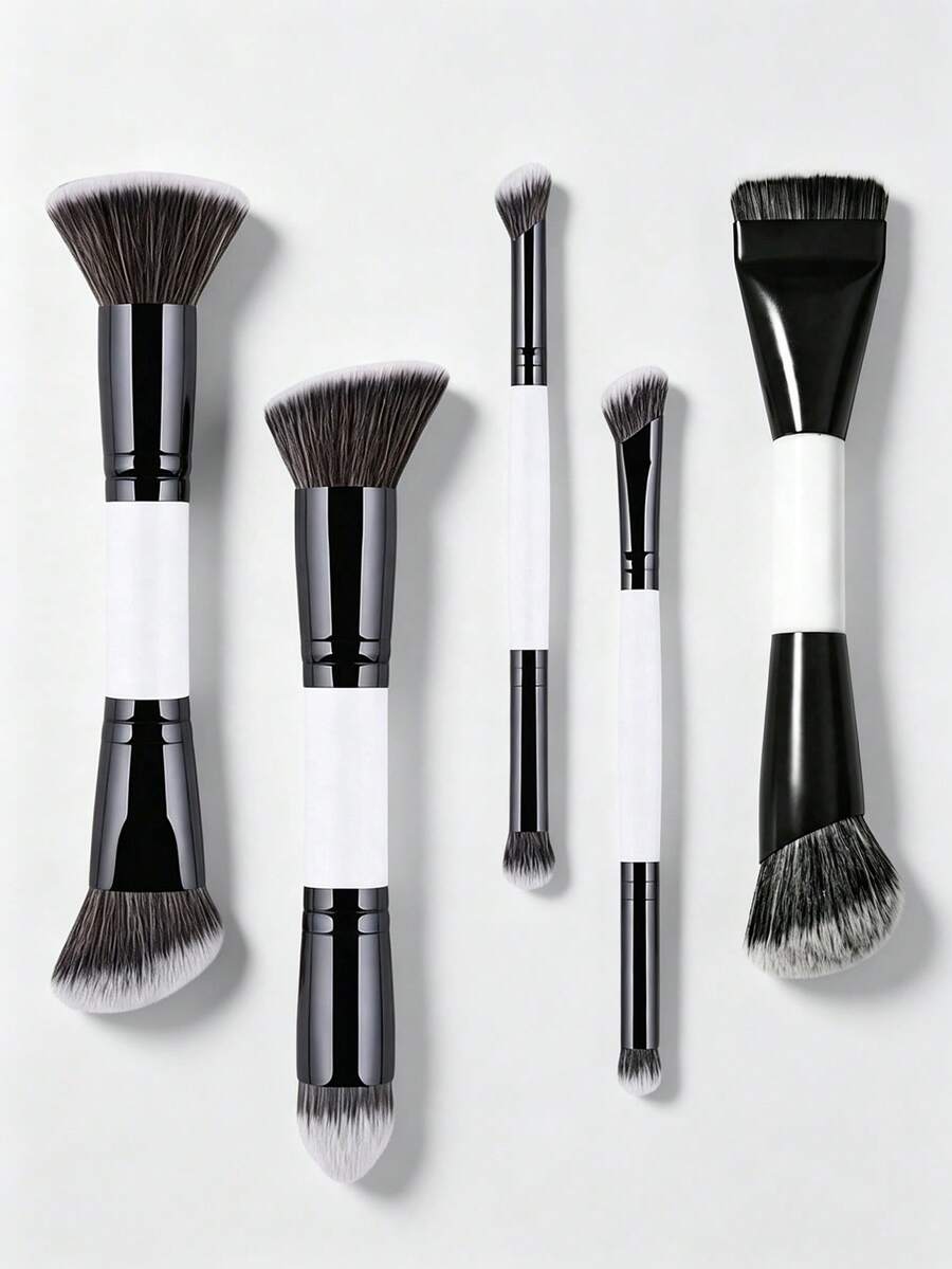 5 buah Kuas Makeup Multifungsi Dua Ujung, Kuas Alas Bedak, Kuas Perona Pipi, Kuas Bedak, Kuas Kontur, Kuas Perona Mata, Alat Makeup yang Dirancang untuk Wanita, Portabel, Hadiah untuk Anak Perempuan - Hitam dan Putih - View 1