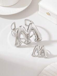 1 Set Exaggerated Fashion Design Metal Block Glossy Letter Open Adjustable Bracelet + 1 Piece Premium Letter Ring Jewelry Set, Casual, Party, Gathering, Perfect Holiday Gift For Friends, Sisters And Mothers - Silver Letter M - View 2