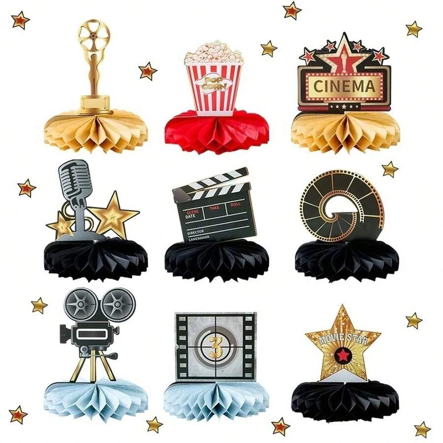 AFYPRTY 9 Pcs Movie Themed Honeycomb Centerpieces Paper Table Decorations Cinema Party Supplies For Tabletop Decor Oscar Themed Celebration Events