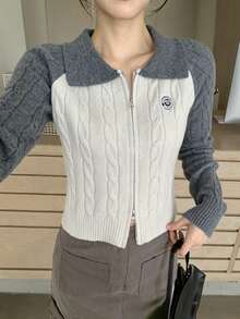 Cardigan Lengan Panjang Wanita Motif Blok Warna dengan Resleting, Kasual, Serbaguna, untuk Perjalanan Sehari-hari, Musim Gugur - Light Grey - View 2