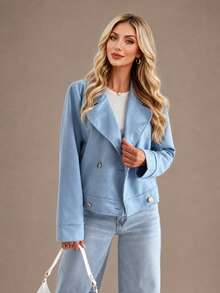 Women's Button Decor Casual Slim Fit Short Stand Collar Zip Up Jacket, Suede Fleece Short Coat Winter Style - Baby Blue - View 2