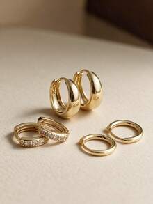 CHICAT 3 Pairs Elegant Petite Earrings Set, Stackable Mini Micro Hoop Earrings, Rose Gold Smooth Plain Hoop Earrings, Half-Set Zirconia Stackable Earrings, Minimalist Style Delicate Daily Women's Jewelry - Gold - View 1