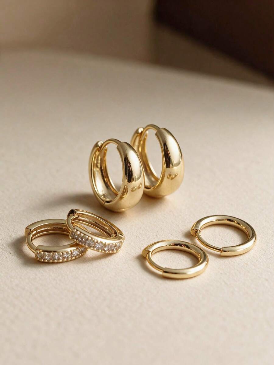 CHICAT 3 Pairs Elegant Petite Earrings Set, Stackable Mini Micro Hoop Earrings, Rose Gold Smooth Plain Hoop Earrings, Half-Set Zirconia Stackable Earrings, Minimalist Style Delicate Daily Women's Jewelry - Gold - View 1