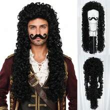 Black Long Curly Pirate Costume Wig Set, Historical Colonial Curly Wig With Fake Handlebar Mustache, Men Cosplay Wig For Halloween Theme Party Dress‑Up Role Play - Multicolor - View 1