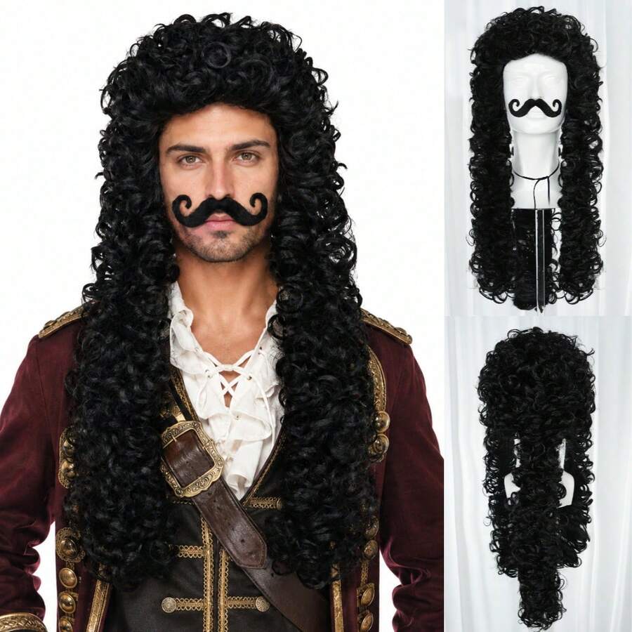 Black Long Curly Pirate Costume Wig Set, Historical Colonial Curly Wig With Fake Handlebar Mustache, Men Cosplay Wig For Halloween Theme Party Dress‑Up Role Play - Multicolor - View 1